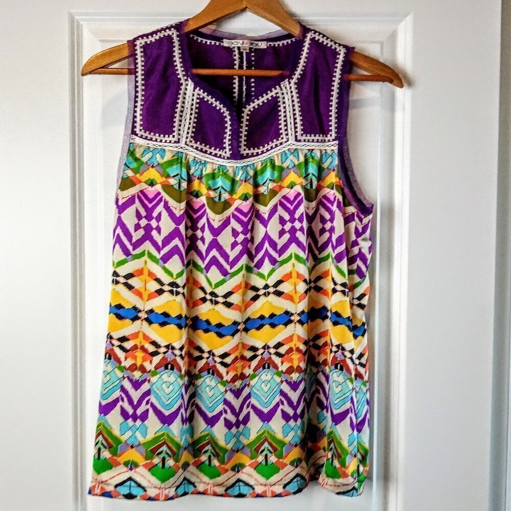 Joy Joy Multicolor Print Lace Mesh Trim Top